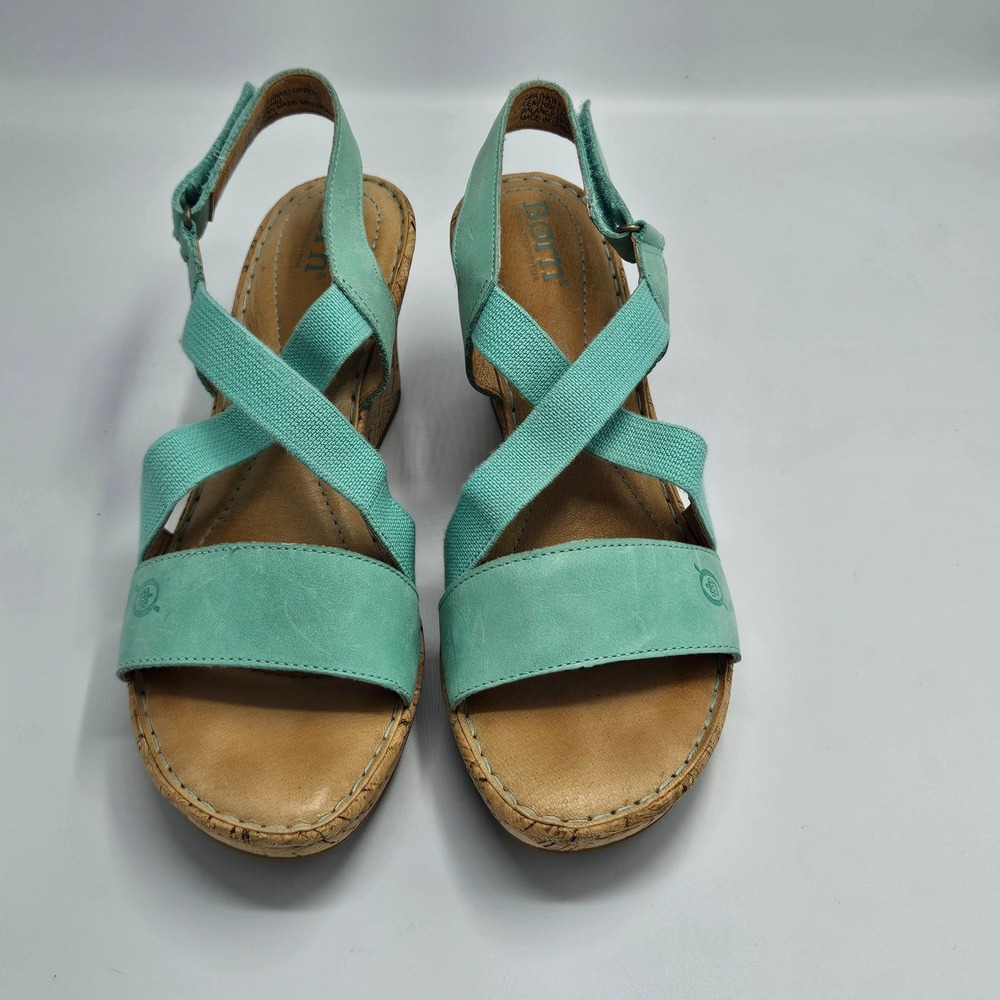 Born Womens Mint Green Leather Cork Wedge Sandals Elastic Straps Size 8